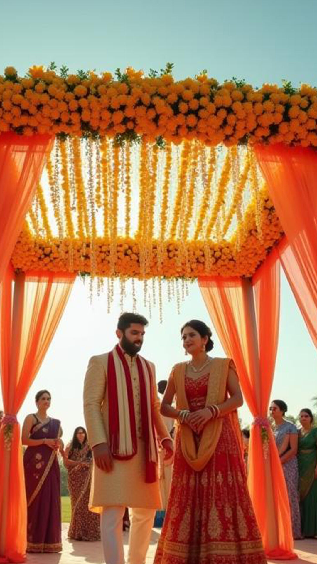 Indian wedding couple under a vibrant mandap decorated with marigold flowers and orange drapes, surrounded by bridesmaids in traditional attire.